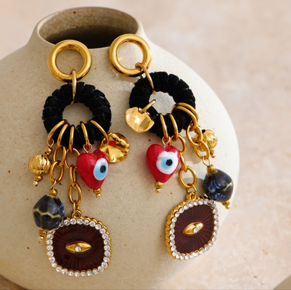 New! Evil Eye Mystic Medallion Earrings Dangle Gold Plated | NWOT
